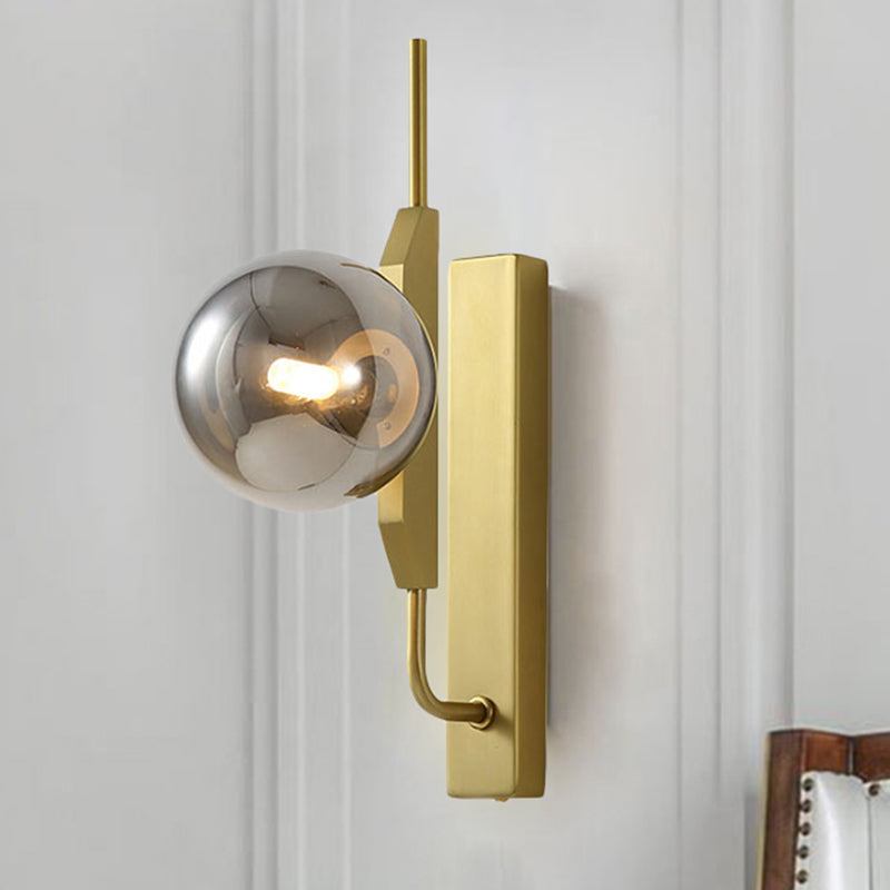 Avtoit | LED Bedroom Wall Light with Spherical Smoky/White/Amber Glass Shade Modern Brass Wall Mount Light