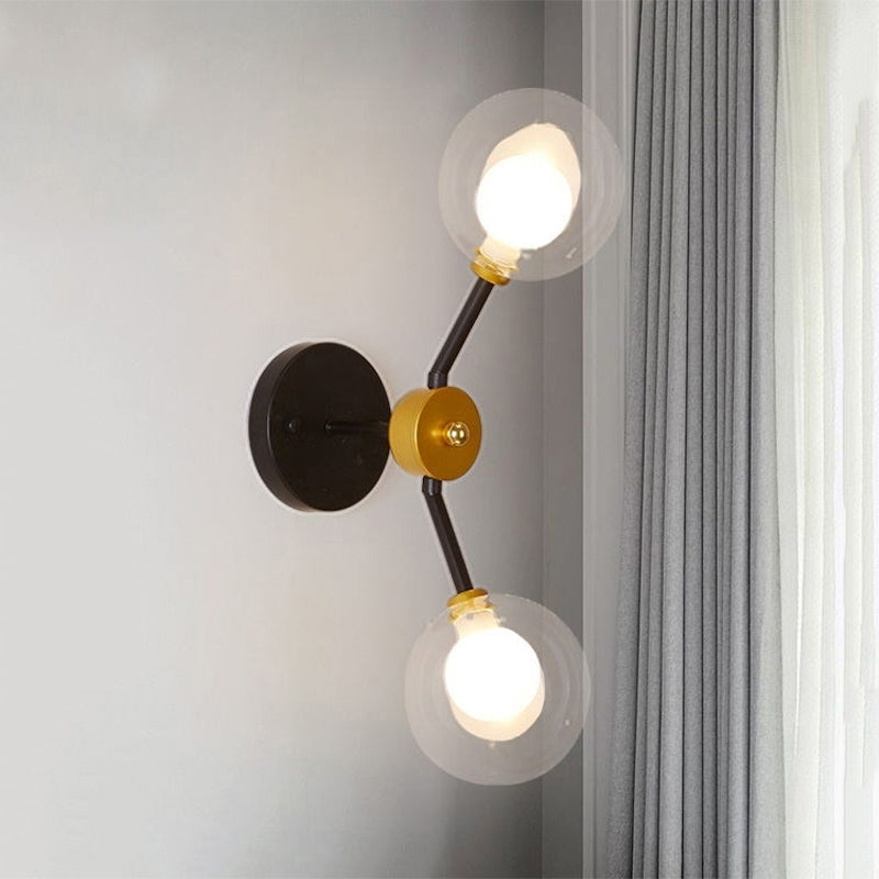 Avtoit | 2 Light Bedroom Wall Light with Global Clear Glass Shade Modern Black LED Wall Mounted Light
