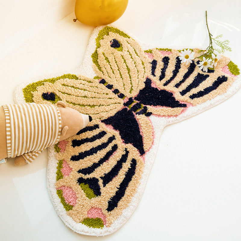 Avtoit | Yellow Scandinavian Rug Polyester Butterfly Print Indoor Rug Non-Slip Backing Pet Friendly Easy Care Area Rug for Decoration
