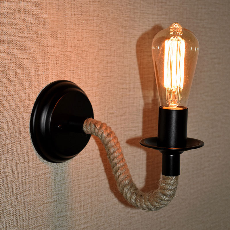 Avtoit | Black outdoor bulb wall lighting country metal single-track wall lamp with rope-wrapped arm