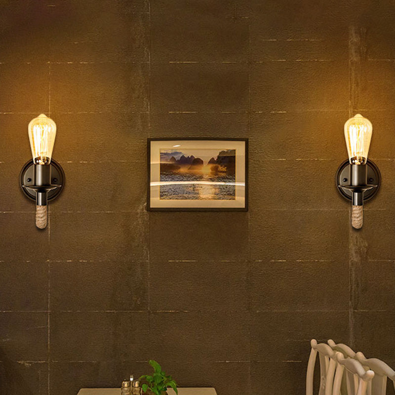Avtoit | Black outdoor bulb wall lighting country metal single-track wall lamp with rope-wrapped arm