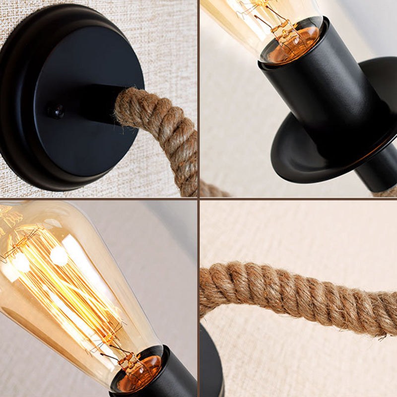 Avtoit | Black outdoor bulb wall lighting country metal single-track wall lamp with rope-wrapped arm