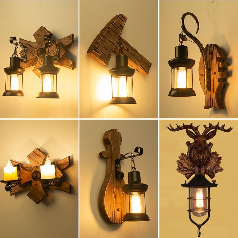 Avtoit | Wooden Brown Wall Lamp Geometrically Designed Country Style Wall Sconce for Hallway