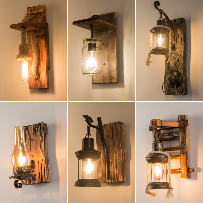 Avtoit | Wooden Brown Wall Lamp Geometrically Designed Country Style Wall Sconce for Hallway