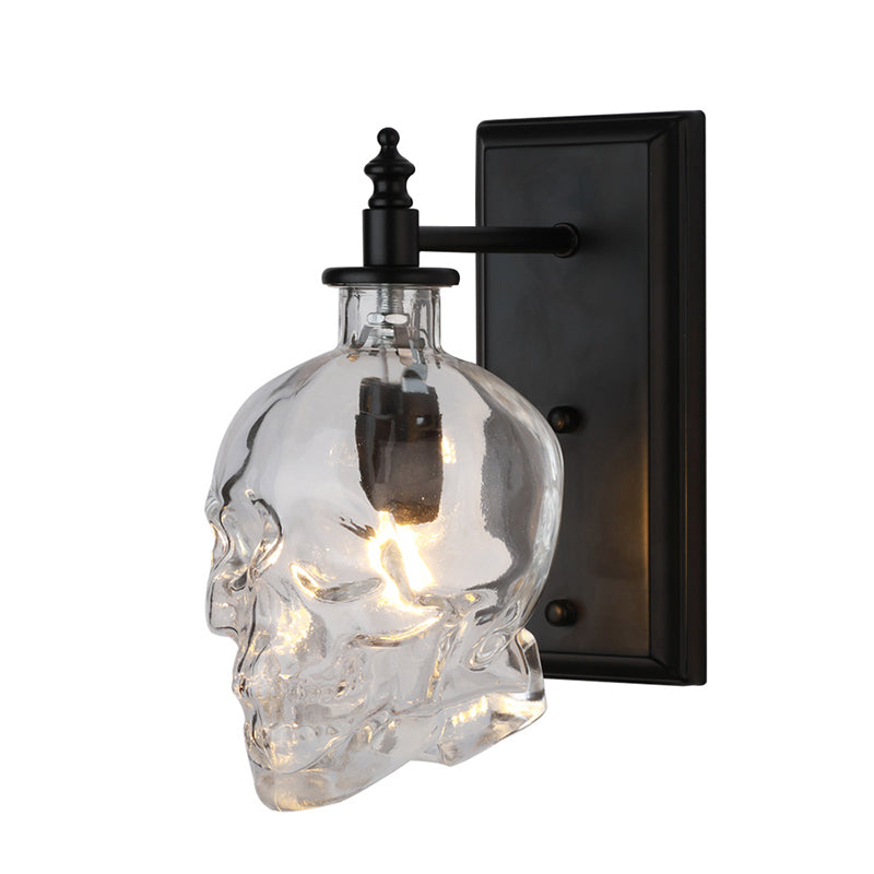 Avtoit | Clear Glass Skull Wall Light Art Deco 1 Head Black Wall Lamp for Bedroom