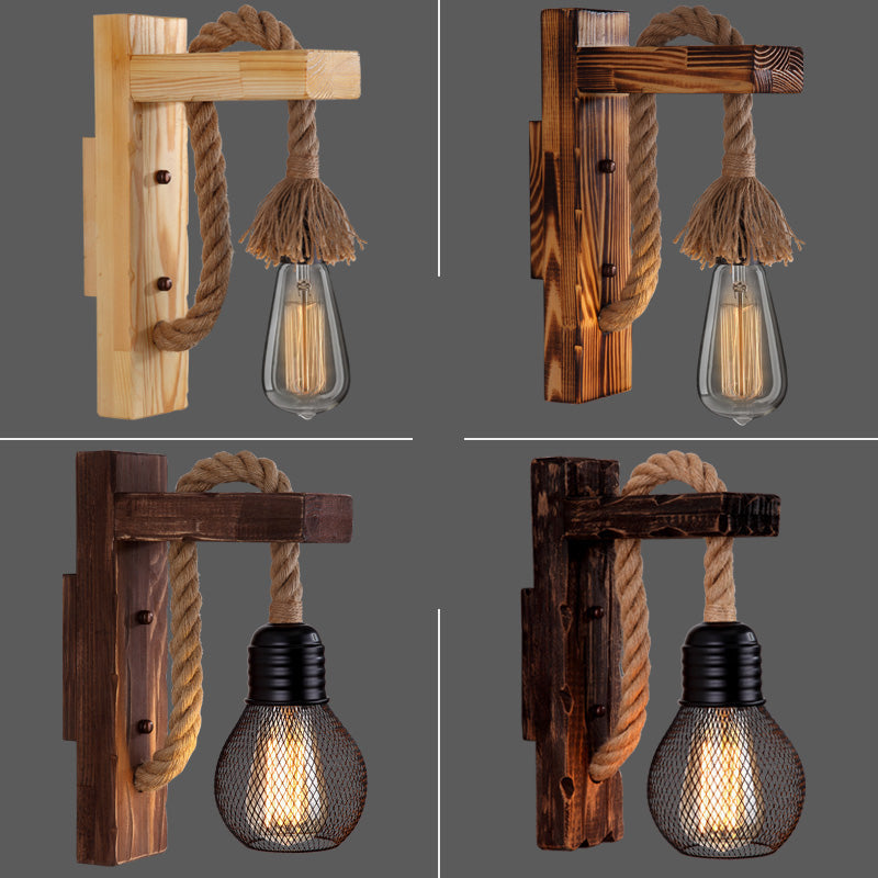 Avtoit | Wooden L-shaped Wall Support Lantern Farmhouse 1 Lamp Bedroom Wall Lamp with Rope Arm