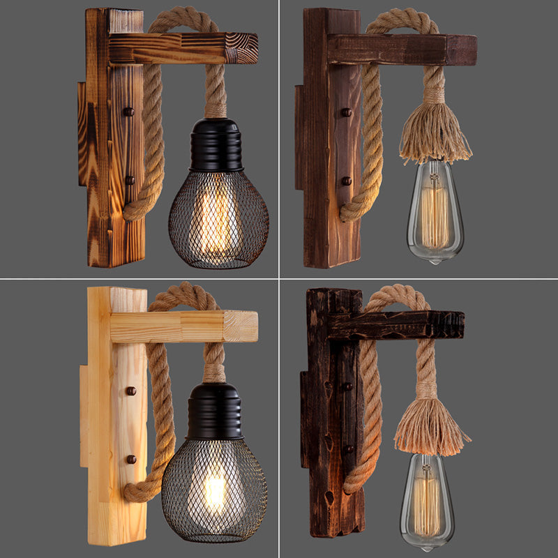 Avtoit | Wooden L-shaped Wall Support Lantern Farmhouse 1 Lamp Bedroom Wall Lamp with Rope Arm