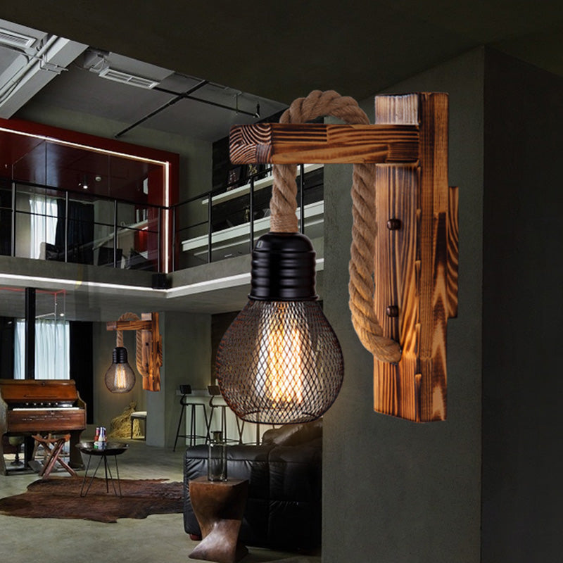 Avtoit | Wooden L-shaped Wall Support Lantern Farmhouse 1 Lamp Bedroom Wall Lamp with Rope Arm