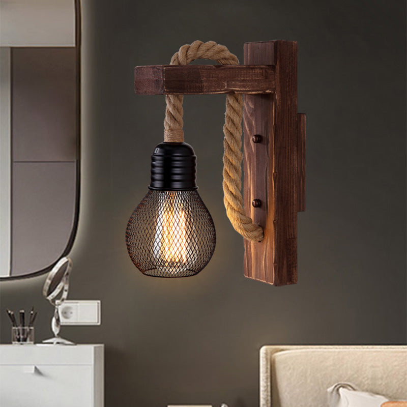Avtoit | Wooden L-shaped Wall Support Lantern Farmhouse 1 Lamp Bedroom Wall Lamp with Rope Arm