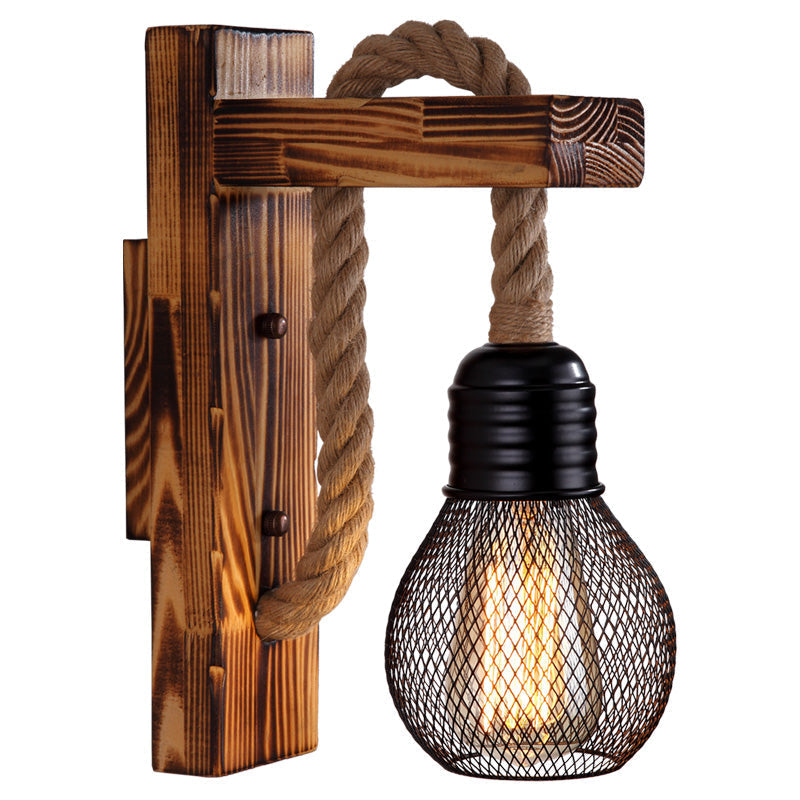 Avtoit | Wooden L-shaped Wall Support Lantern Farmhouse 1 Lamp Bedroom Wall Lamp with Rope Arm