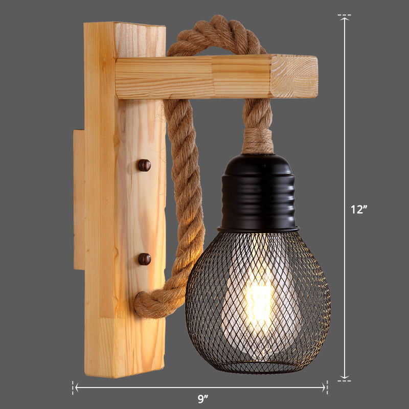 Avtoit | Wooden L-shaped Wall Support Lantern Farmhouse 1 Lamp Bedroom Wall Lamp with Rope Arm