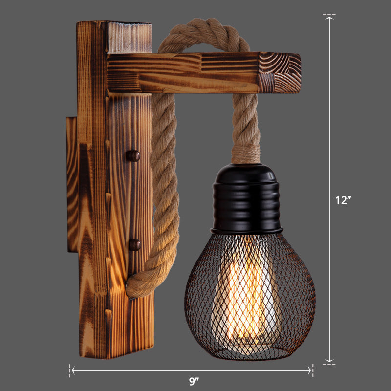 Avtoit | Wooden L-shaped Wall Support Lantern Farmhouse 1 Lamp Bedroom Wall Lamp with Rope Arm