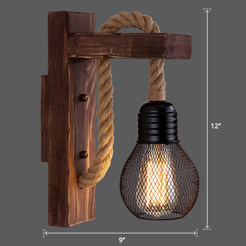 Avtoit | Wooden L-shaped Wall Support Lantern Farmhouse 1 Lamp Bedroom Wall Lamp with Rope Arm
