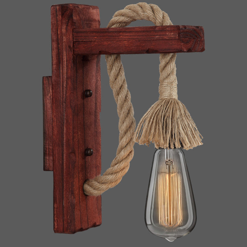 Avtoit | Wooden L-shaped Wall Support Lantern Farmhouse 1 Lamp Bedroom Wall Lamp with Rope Arm