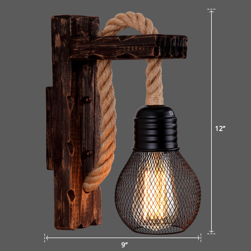Avtoit | Wooden L-shaped Wall Support Lantern Farmhouse 1 Lamp Bedroom Wall Lamp with Rope Arm