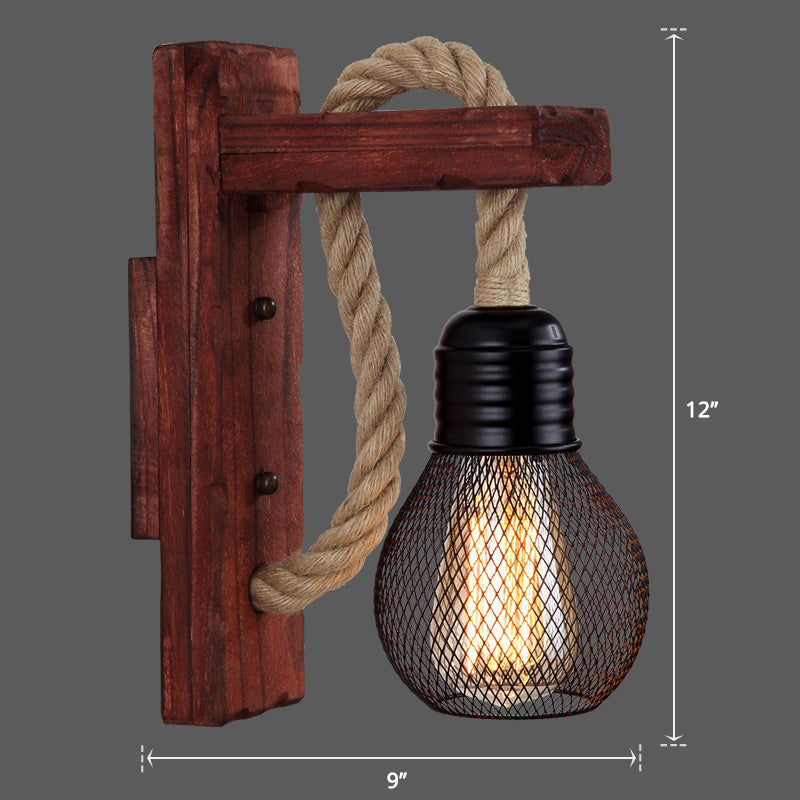 Avtoit | Wooden L-shaped Wall Support Lantern Farmhouse 1 Lamp Bedroom Wall Lamp with Rope Arm