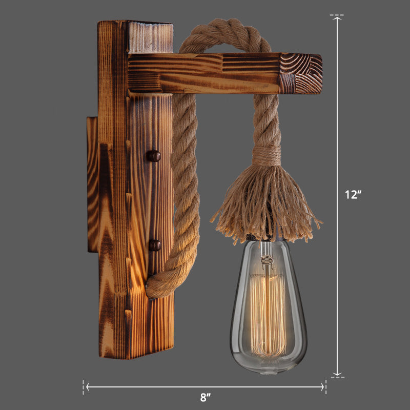 Avtoit | Wooden L-shaped Wall Support Lantern Farmhouse 1 Lamp Bedroom Wall Lamp with Rope Arm
