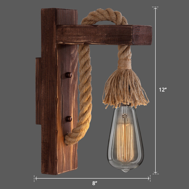 Avtoit | Wooden L-shaped Wall Support Lantern Farmhouse 1 Lamp Bedroom Wall Lamp with Rope Arm
