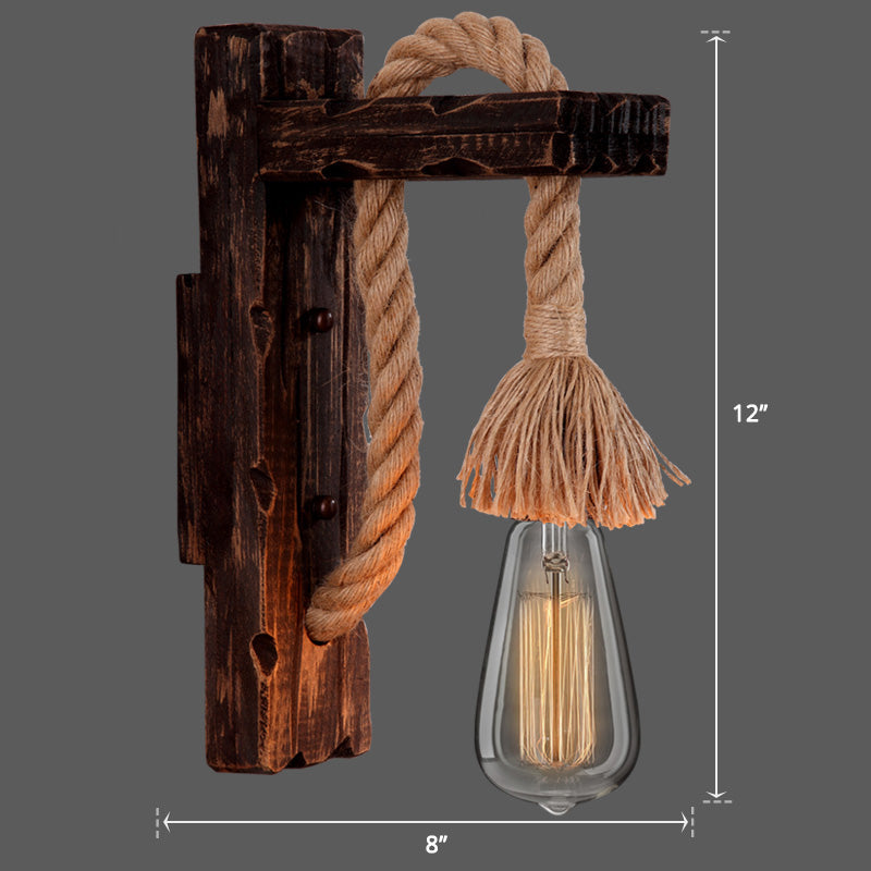 Avtoit | Wooden L-shaped Wall Support Lantern Farmhouse 1 Lamp Bedroom Wall Lamp with Rope Arm
