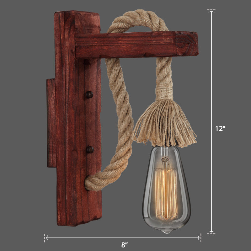 Avtoit | Wooden L-shaped Wall Support Lantern Farmhouse 1 Lamp Bedroom Wall Lamp with Rope Arm