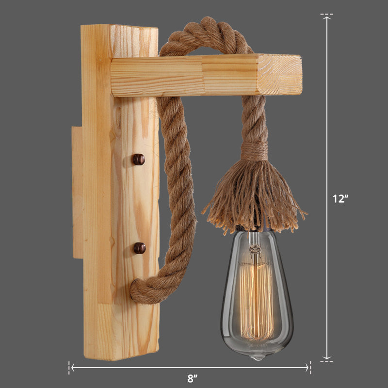 Avtoit | Wooden L-shaped Wall Support Lantern Farmhouse 1 Lamp Bedroom Wall Lamp with Rope Arm