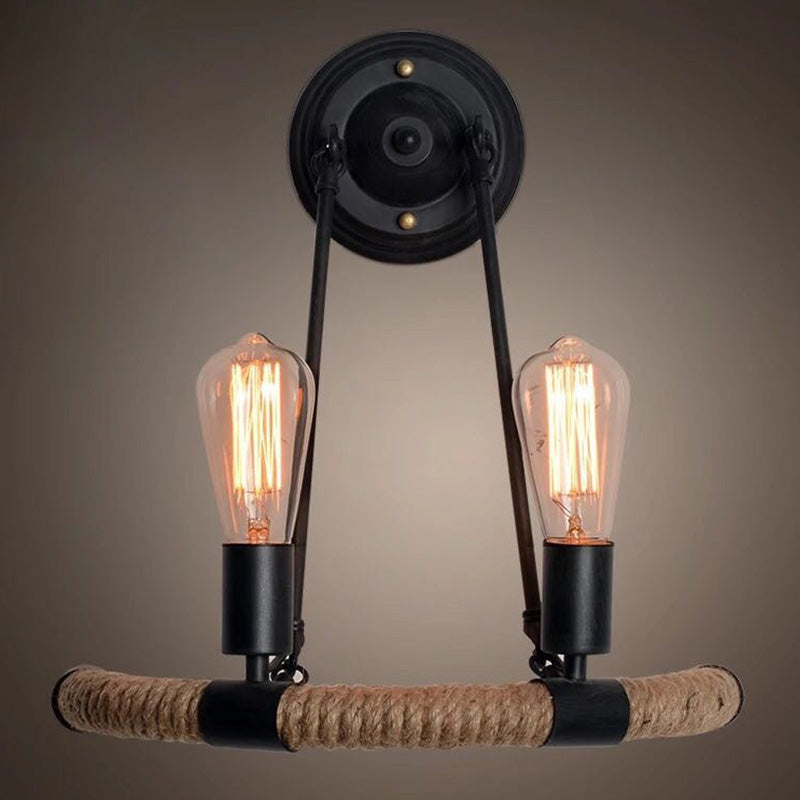 Avtoit | 2-Head Bow Wall Light Industrial Design Black Hemp Rope Wall Lighting Fixture for Restaurant