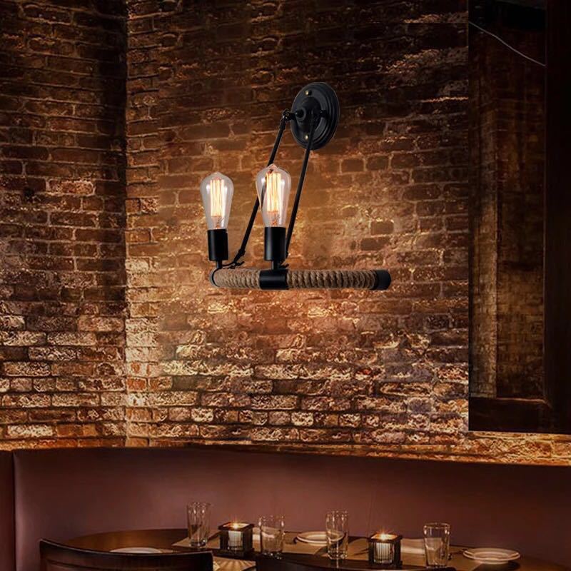 Avtoit | 2-Head Bow Wall Light Industrial Design Black Hemp Rope Wall Lighting Fixture for Restaurant