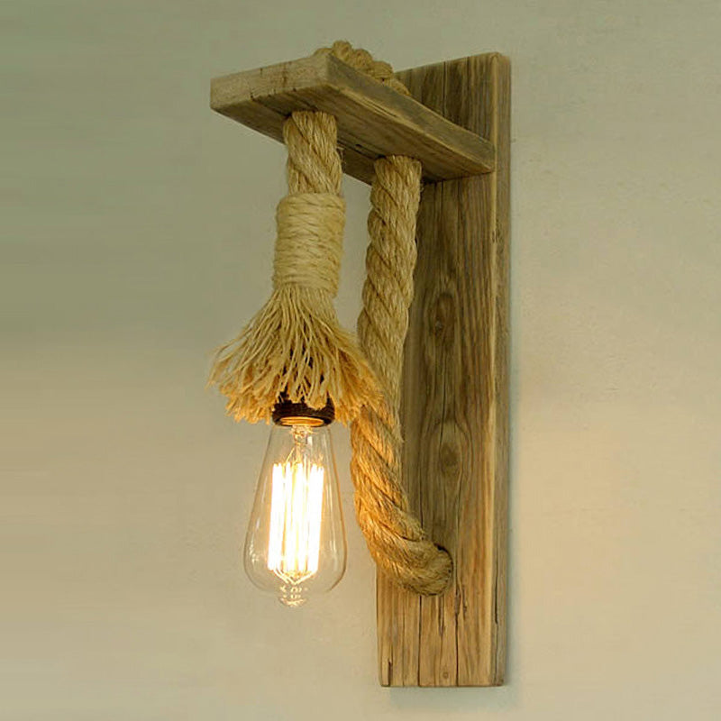 Avtoit | Single Bulb Wall Light Rustic Open Bulb Rope Wall Light with Wood Holder