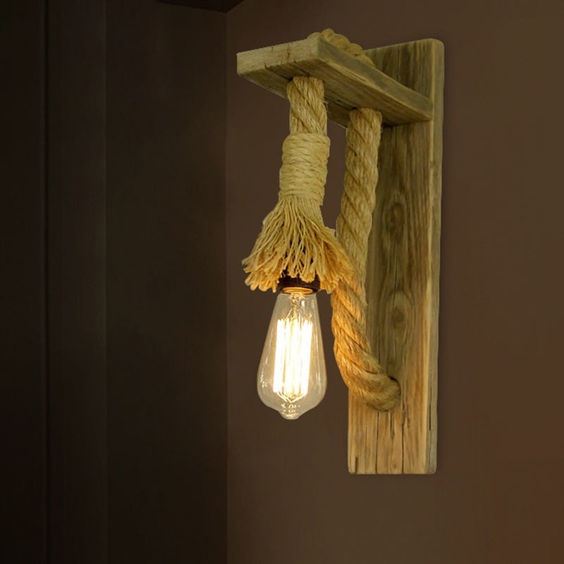 Avtoit | Single Bulb Wall Light Rustic Open Bulb Rope Wall Light with Wood Holder