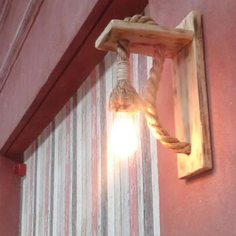Avtoit | Single Bulb Wall Light Rustic Open Bulb Rope Wall Light with Wood Holder