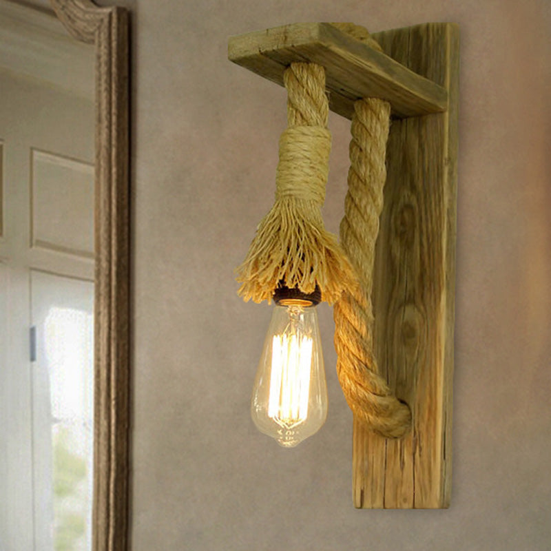 Avtoit | Single Bulb Wall Light Rustic Open Bulb Rope Wall Light with Wood Holder
