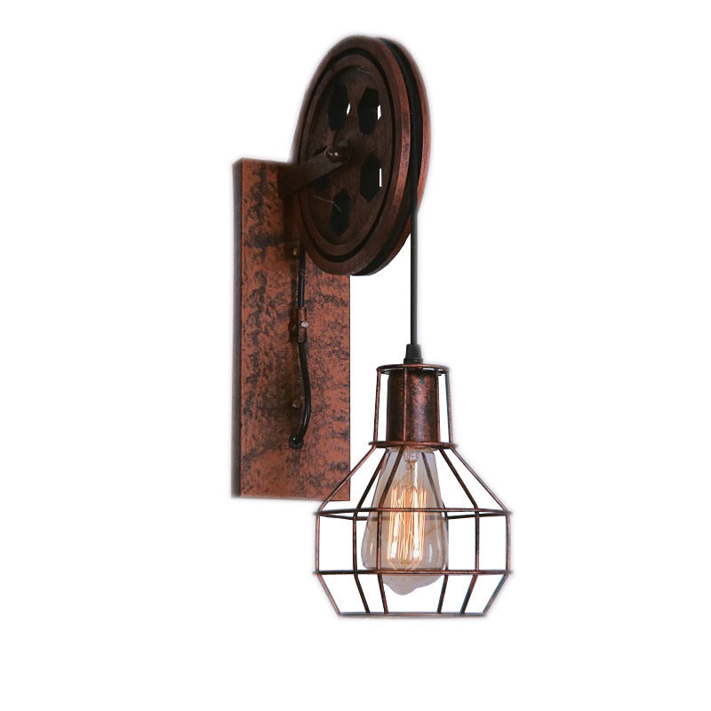 Avtoit | Spherical Wire Cage Foyer Wall Lamp Rustic Iron 1-Light Bedroom Wall Mount Lamp with Pulley