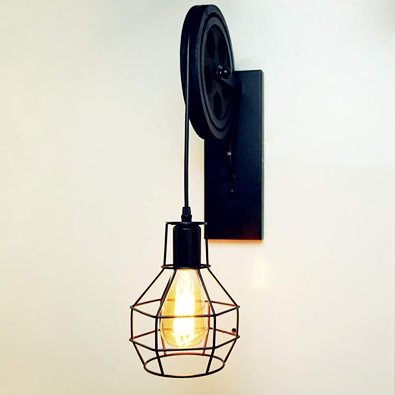 Avtoit | Spherical Wire Cage Foyer Wall Lamp Rustic Iron 1-Light Bedroom Wall Mount Lamp with Pulley