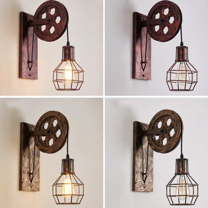 Avtoit | Spherical Wire Cage Foyer Wall Lamp Rustic Iron 1-Light Bedroom Wall Mount Lamp with Pulley