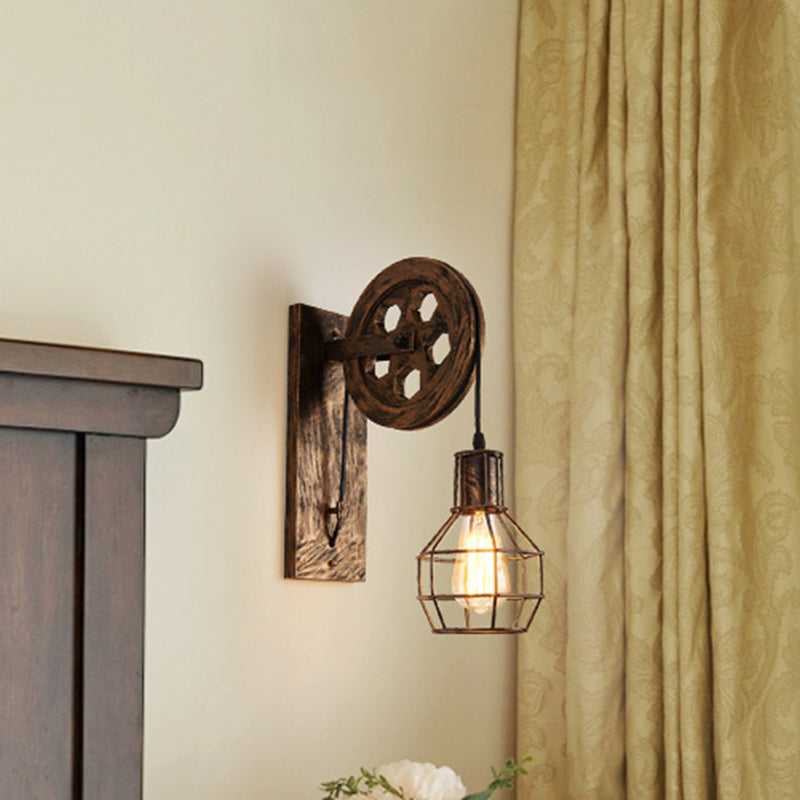 Avtoit | Spherical Wire Cage Foyer Wall Lamp Rustic Iron 1-Light Bedroom Wall Mount Lamp with Pulley