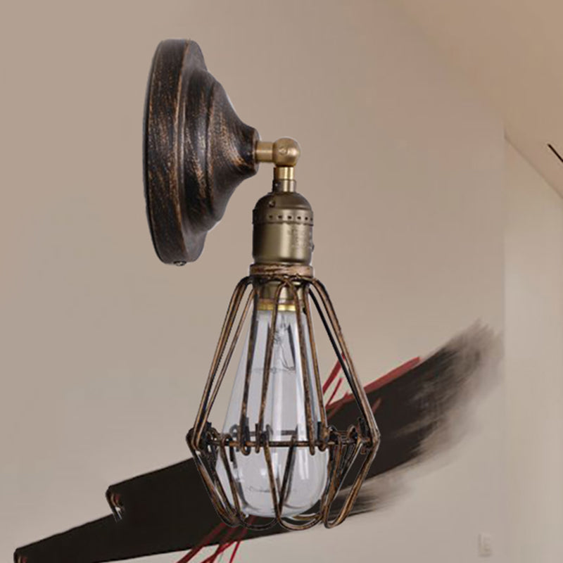 Avtoit | 1 Light Bulb Wire Cage Wall Light Country House Style Stylish Antique Brass Wrought Iron Wall Light Lighting for Restaurant