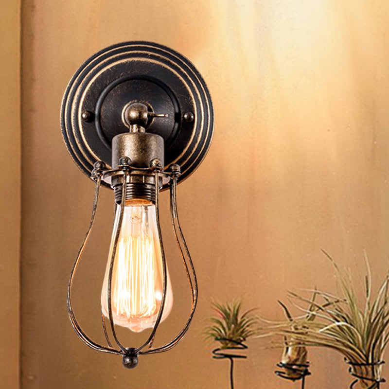 Avtoit | 1 Head Iron Wall Lamp Farmhouse Style Dark Rust Wire Protection Café Mini Wall Light