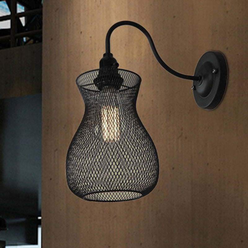 Avtoit | 1 Bulb Vase Shape Wall Sconce with Mesh Shade Industrial Style Black Metal Wall Light for Hallway