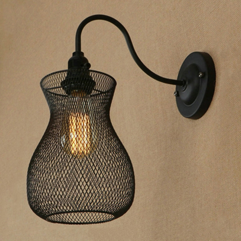 Avtoit | 1 Bulb Vase Shape Wall Sconce with Mesh Shade Industrial Style Black Metal Wall Light for Hallway