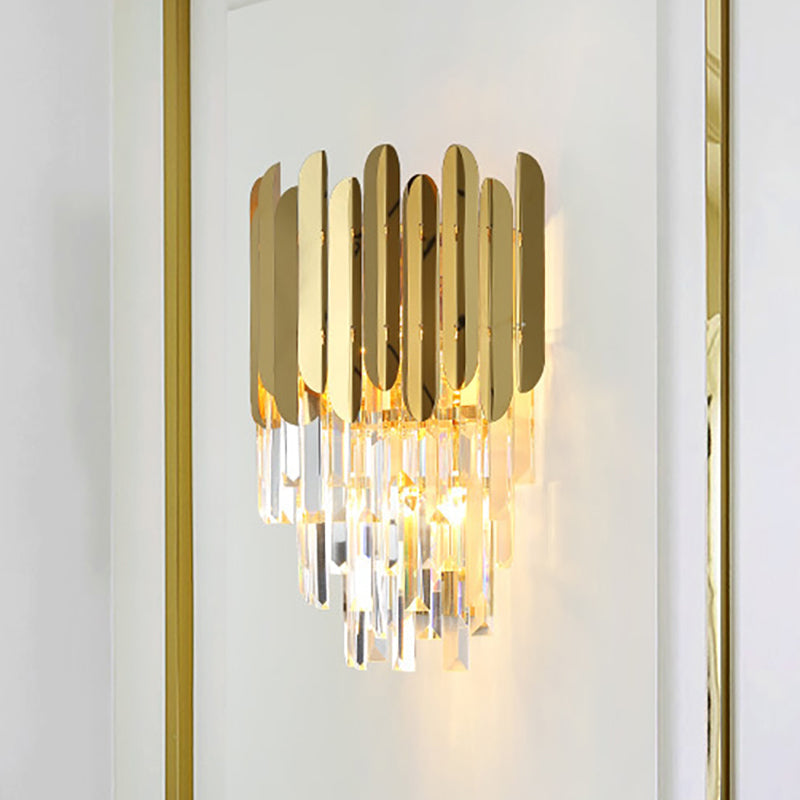 Avtoit | Stacked Wall Light Modernist Metal 1 Light Brass Wall Lamp with Clear Crystal Block for Nightstand