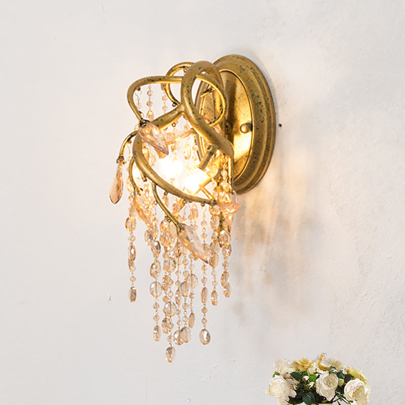 Avtoit | Branching Wall-Mounted Lighting Vintage Metal 1 Bulb Brass Finish Wall Light with Amber Crystal Bead Accent