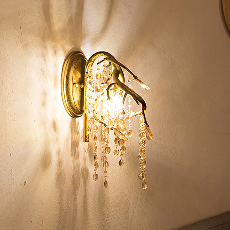 Avtoit | Branching Wall-Mounted Lighting Vintage Metal 1 Bulb Brass Finish Wall Light with Amber Crystal Bead Accent