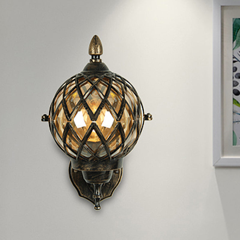 Avtoit | 1 Light Amber Glass Wall Lamp Light Industrial Black Ball Dining Room Lighting Fixture with Cage