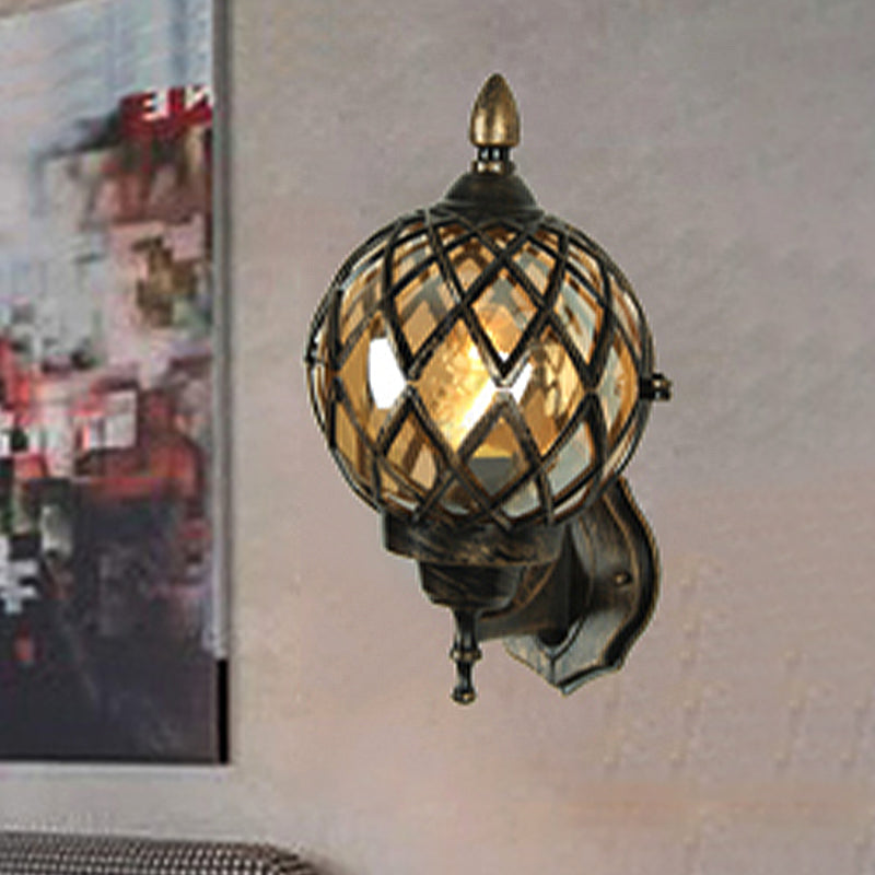Avtoit | 1 Light Amber Glass Wall Lamp Light Industrial Black Ball Dining Room Lighting Fixture with Cage