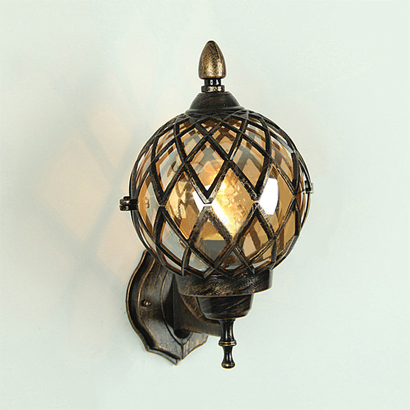 Avtoit | 1 Light Amber Glass Wall Lamp Light Industrial Black Ball Dining Room Lighting Fixture with Cage
