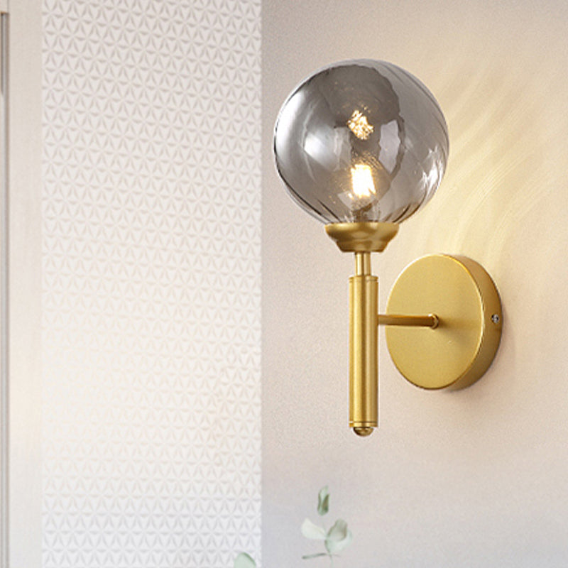 Avtoit | 1 Bulb Globe Wall Mounted Light Fixture Modern Brass Smoked Textured Glass Lighting