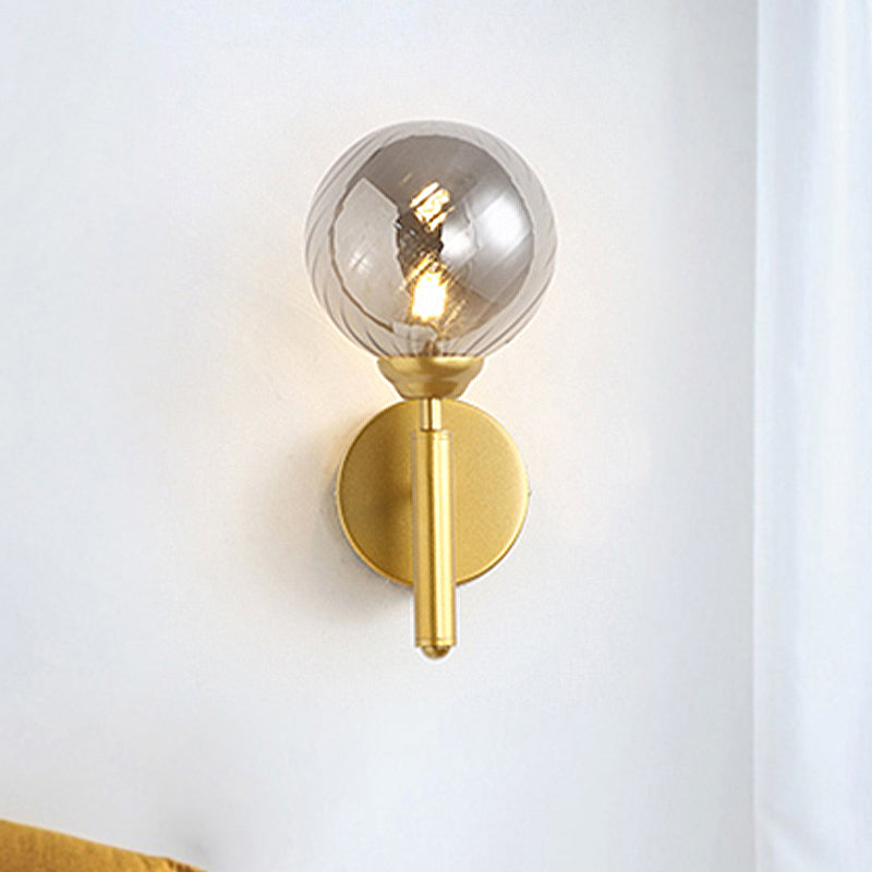 Avtoit | 1 Bulb Globe Wall Mounted Light Fixture Modern Brass Smoked Textured Glass Lighting