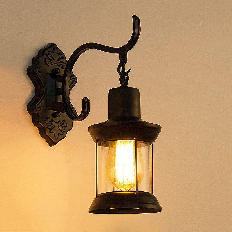 Avtoit | Lantern Clear Glass Wall Mounted Lamp Vintage Single Bulb Outdoor Wall Light in Black with Carved Pattern