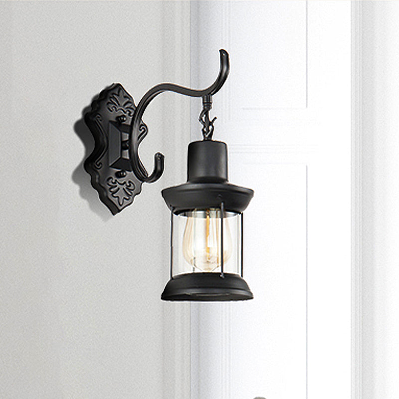 Avtoit | Lantern Clear Glass Wall Mounted Lamp Vintage Single Bulb Outdoor Wall Light in Black with Carved Pattern