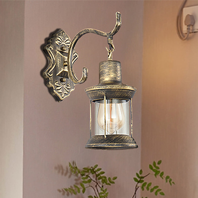 Avtoit | 1 Light Bulb Kerosene Wall Mounted Light Rustic Style Aged Bronze Clear Glass Lighting with Engraved Pattern